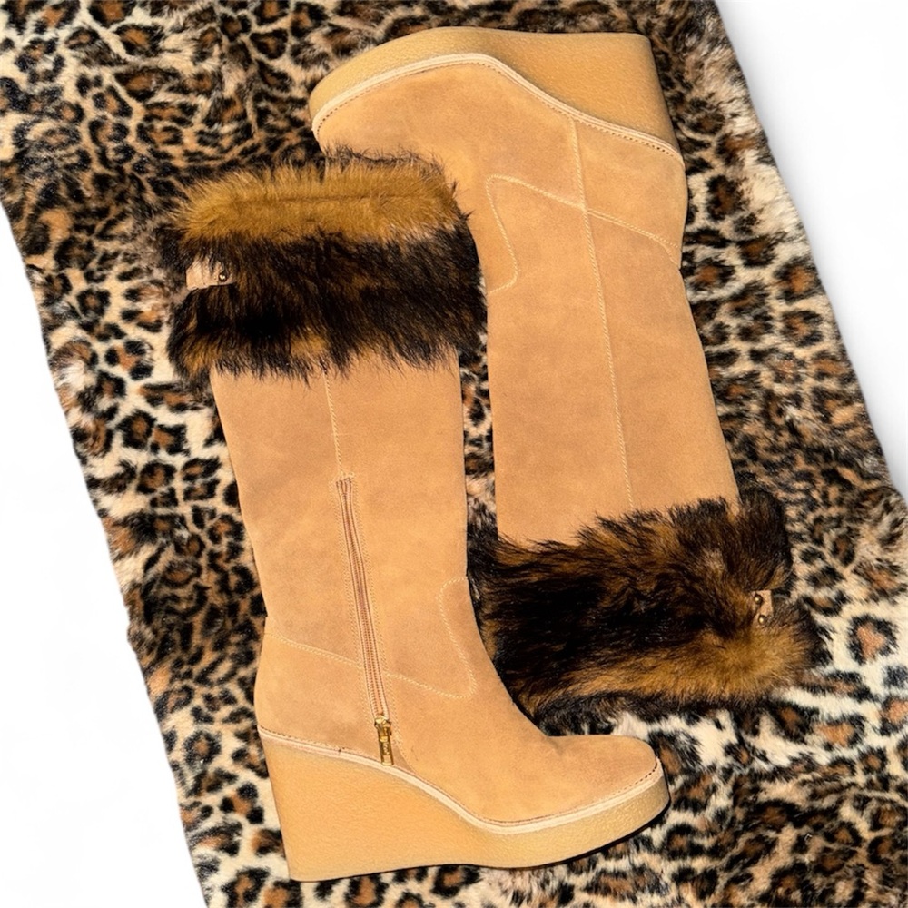 UGG Tan Suede Wedge Boots with Faux Fur Trim